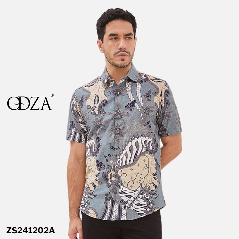 Odza Batik Baju Kemeja Batik Lengan Pendek Slim fit Pria Hem Solo Hijau Tosca Cokelat Urdha