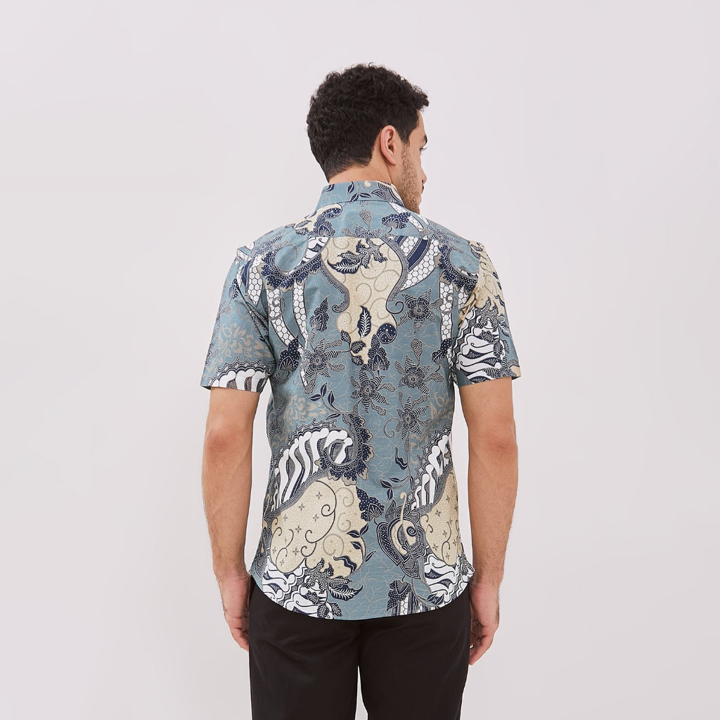 Odza Batik Baju Kemeja Batik Lengan Pendek Slim fit Pria Hem Solo Hijau Tosca Cokelat Urdha