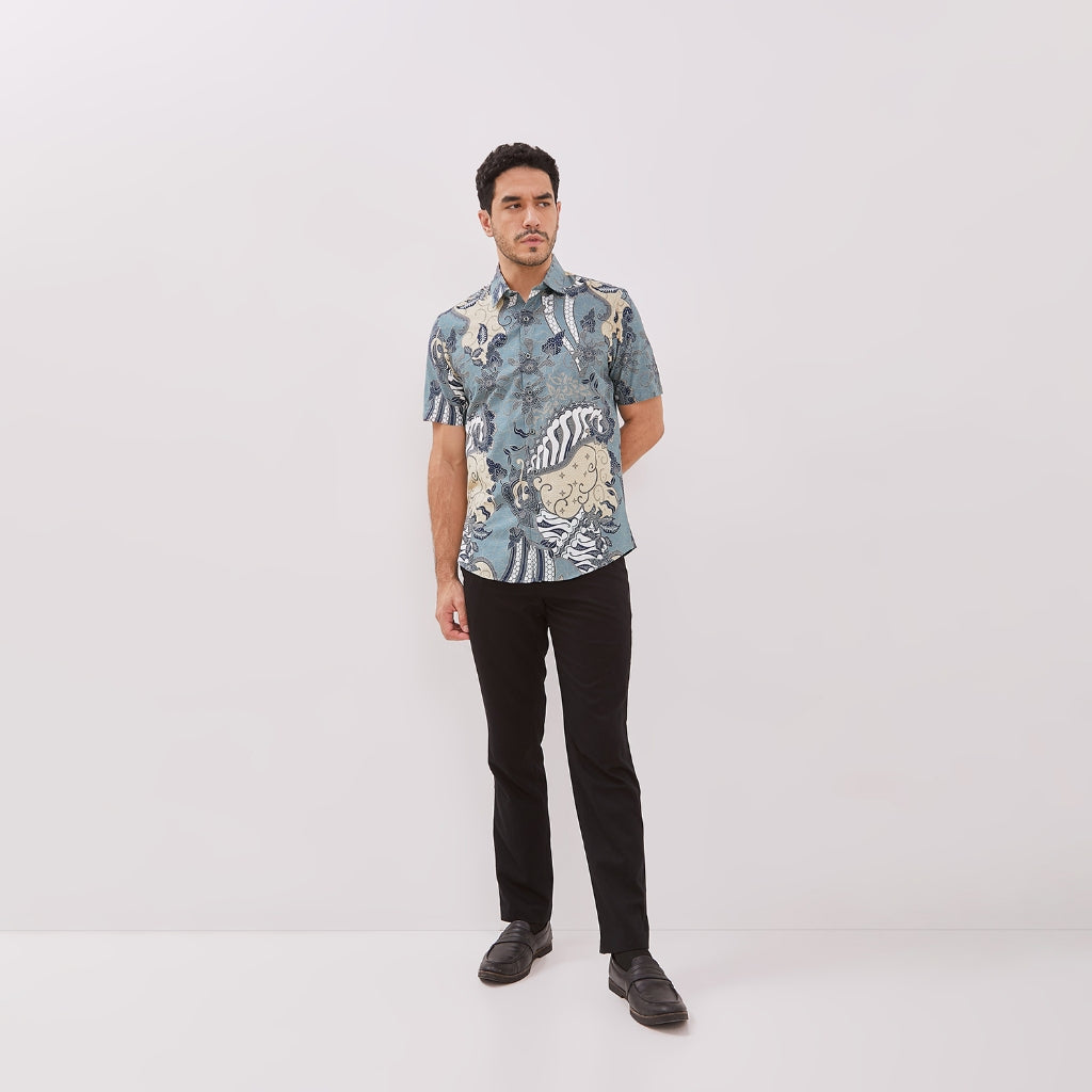 Odza Batik Baju Kemeja Batik Lengan Pendek Slim fit Pria Hem Solo Hijau Tosca Cokelat Urdha