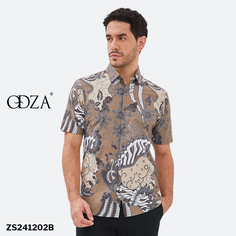 Odza Batik Baju Kemeja Batik Lengan Pendek Slim fit Pria Hem Solo Hijau Tosca Cokelat Urdha