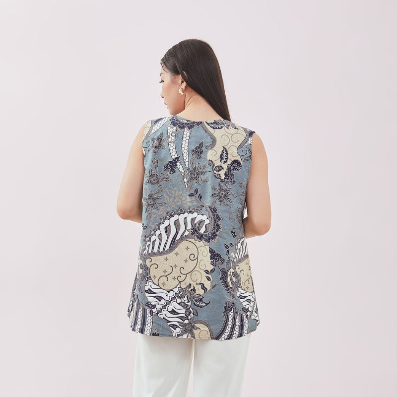 Odza Baju Outer Luaran Batik Rompi Couple Pesta Wanita Panggenan Biru Cokelat