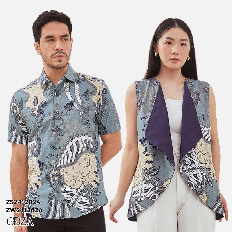Odza Baju Couple Pria Wanita Kemeja Batik Rompi Outer Lengan Pendek Outfit Pesta Seragam Kasual Sadajiwa