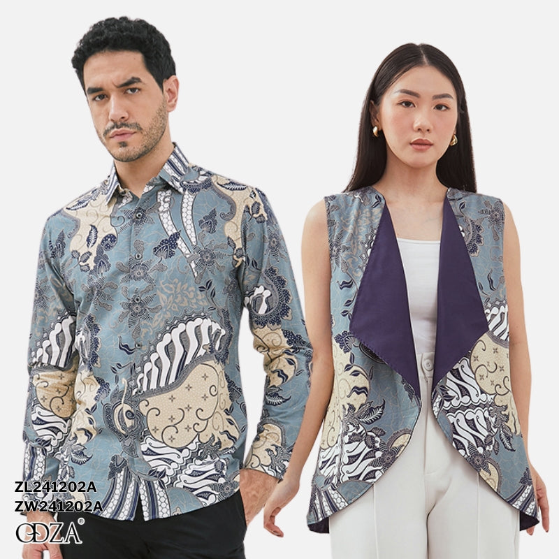 Odza Baju Couple Batik Pria Wanita Kemeja Lengan Panjang Outer Rompi Luaran Praduta