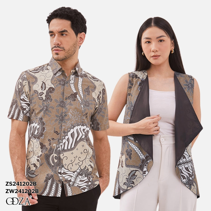 Odza Baju Couple Pria Wanita Kemeja Batik Rompi Outer Lengan Pendek Outfit Pesta Seragam Kasual Sadajiwa