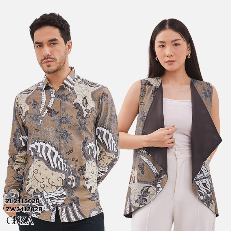 Odza Baju Couple Batik Pria Wanita Kemeja Lengan Panjang Outer Rompi Luaran Praduta
