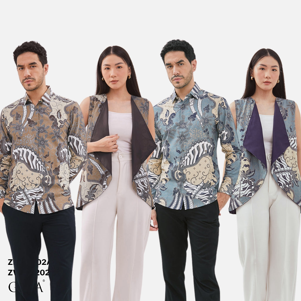 Odza Baju Couple Batik Pria Wanita Kemeja Lengan Panjang Outer Rompi Luaran Praduta