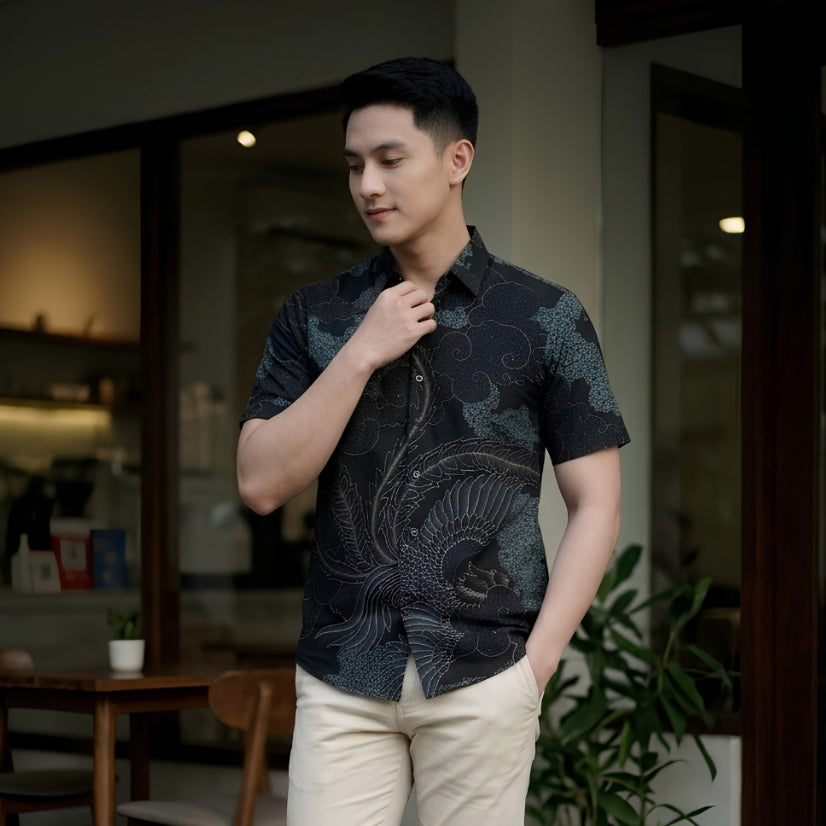 Odza Kemeja Batik Pria Slim Fit Lengan Pendek Katun Premium Baju Kerja Seragam Kantor Yasawirya Hijau Hitam