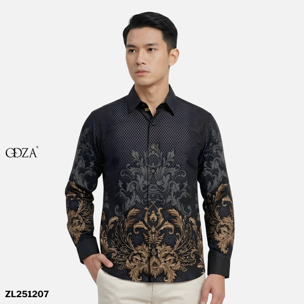 Odza Kemeja Batik Pria Slim Fit Lengan Panjang Katun Premium Baju Kerja Kondangan Prawara Hitam