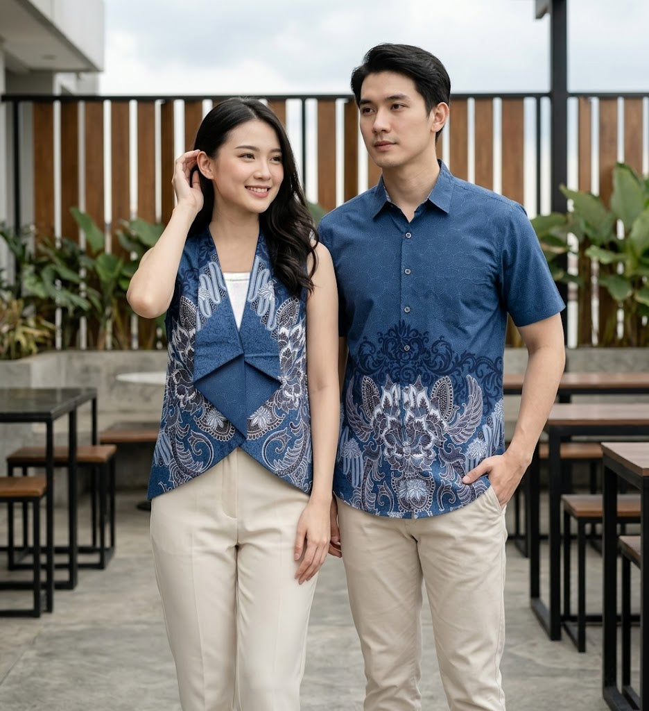 Pasangan pria wanita mengenakan batik modern Odza Classic untuk acara formal