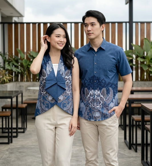Pasangan pria wanita mengenakan batik modern Odza Classic untuk acara formal