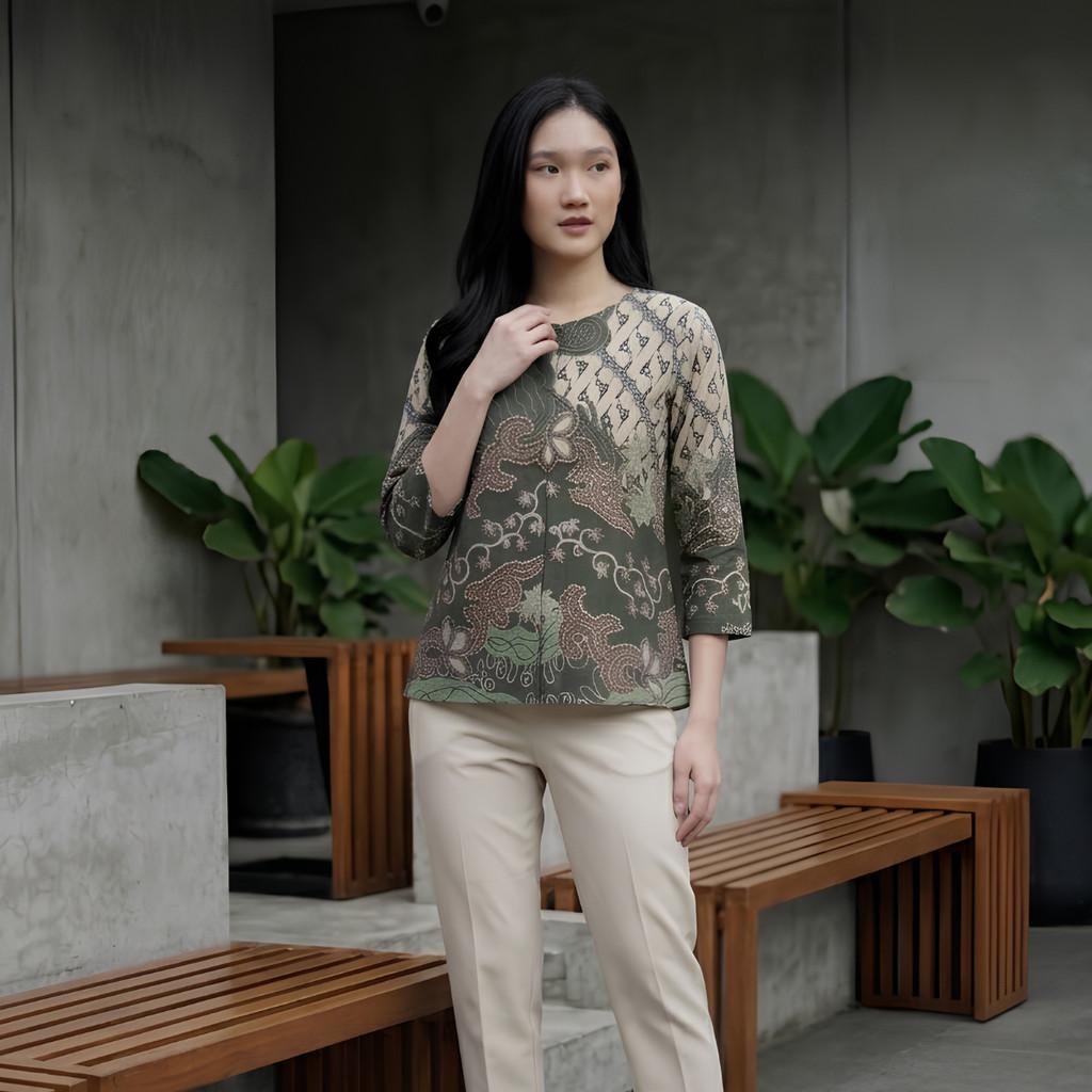Odza Blouse Batik Wanita Lengan 7/8 Atasan Kemeja Kerja Kondangan Modern Katun Premium Javastera Biru Hijau