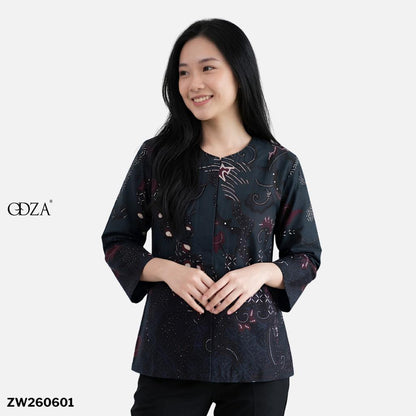 Odza Batik Couple Kemeja Pria Slim Fit Blouse Wanita Lengan Panjang Katun Premium Kondangan Decaddi Hitam