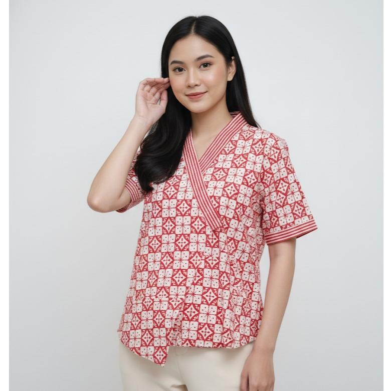 Odza Atasan Blouse Batik Modern Etnik Wanita Lengan Pendek Kimono Trikot Furing Merah Pink