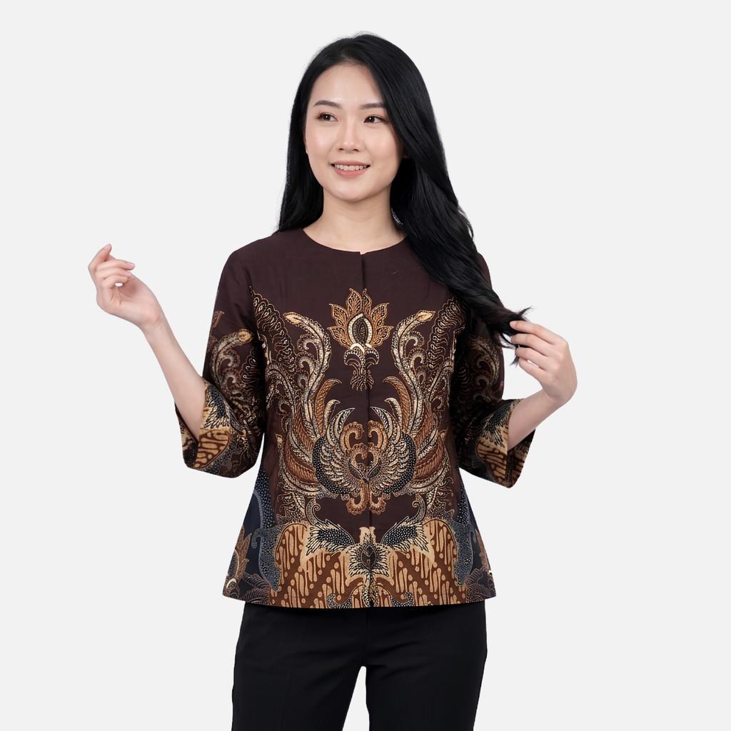 Odza Batik Couple Set Kemeja Pria Blouse Wanita Lengan Panjang 7/8 Katun Premium Kondangan Dakupa Coklat Tua