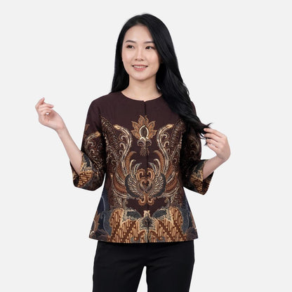 Odza Blouse Batik Wanita Lengan 7/8 Atasan Kemeja Kerja Kondangan Katun Premium Spatia Hitam Merah Maroon Coklat Tua