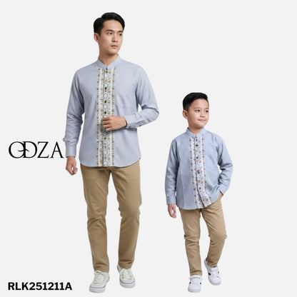 Odza Baju Koko Couple Bapak Anak Lengan Panjang Arabish Abu Tua Kemeja Muslim Ayah Anak Regular Fit Minimalis Bahan Halus Adem