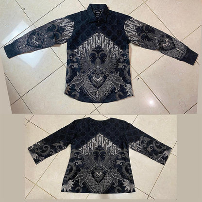 Odza Batik Couple Set Kemeja Pria Blouse Wanita Lengan Panjang 7/8 Cotton Printing Slim Fit Jumbo Arunawa Hitam Abu-abu