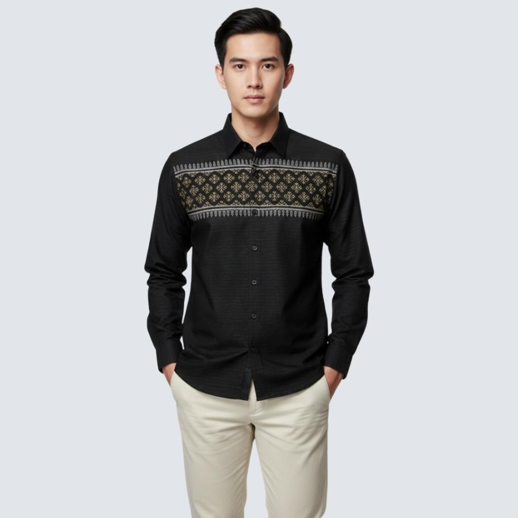 Odza Classic Baju Koko Lengan Panjang Regular Fit Kemeja Muslim Motif Pria Aalif Hitam Abu-abu