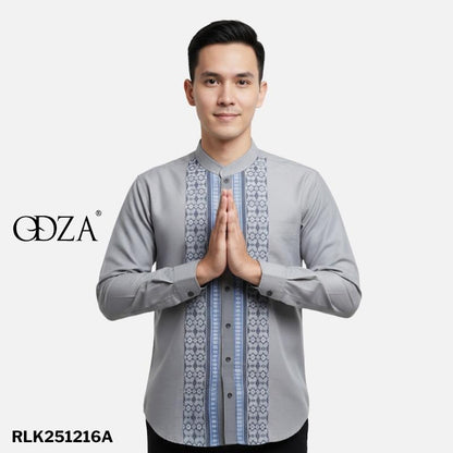 Odza Baju Kemeja Koko Pria Lengan Panjang Motif Kombinasi Strip Elegan Duffia Abu-abu