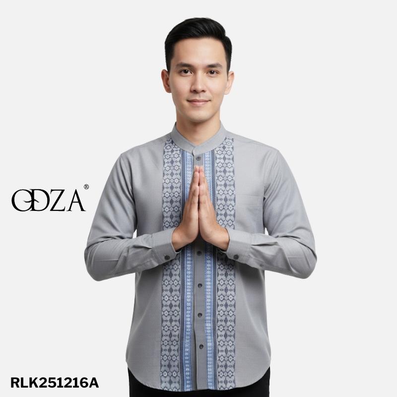 Odza Baju Kemeja Koko Pria Lengan Panjang Motif Kombinasi Strip Elegan Duffia Abu-abu