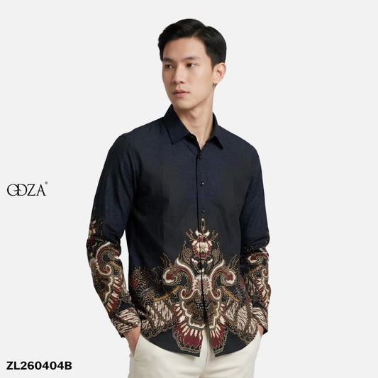Odza Kemeja Batik Pria Slim Fit Lengan Panjang Katun Premium Baju Kerja Kondangan Panjira Navy Hitam