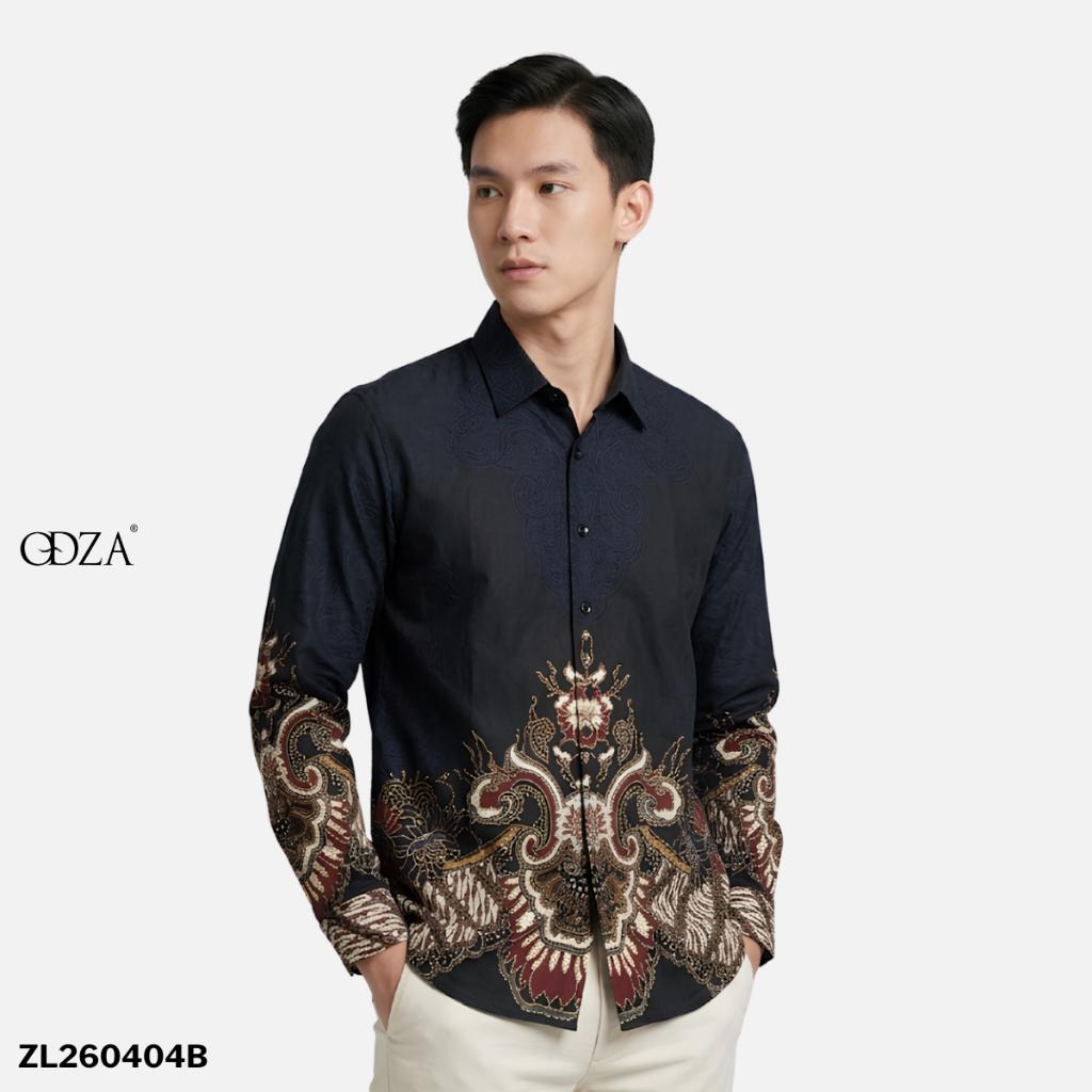 Odza Kemeja Batik Pria Slim Fit Lengan Panjang Katun Premium Baju Kerja Kondangan Demis Hitam Navy
