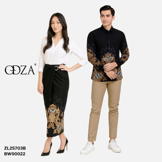 Set Kemeja Lengan Panjang Rok Lilit Couple Batik Kebaya Jumputan Pria Wanita Hitam Katun Slim Fit Hem Motif Hanusa Baju Atasan Kondangan Pasangan Songket Sarimbit Dewasa