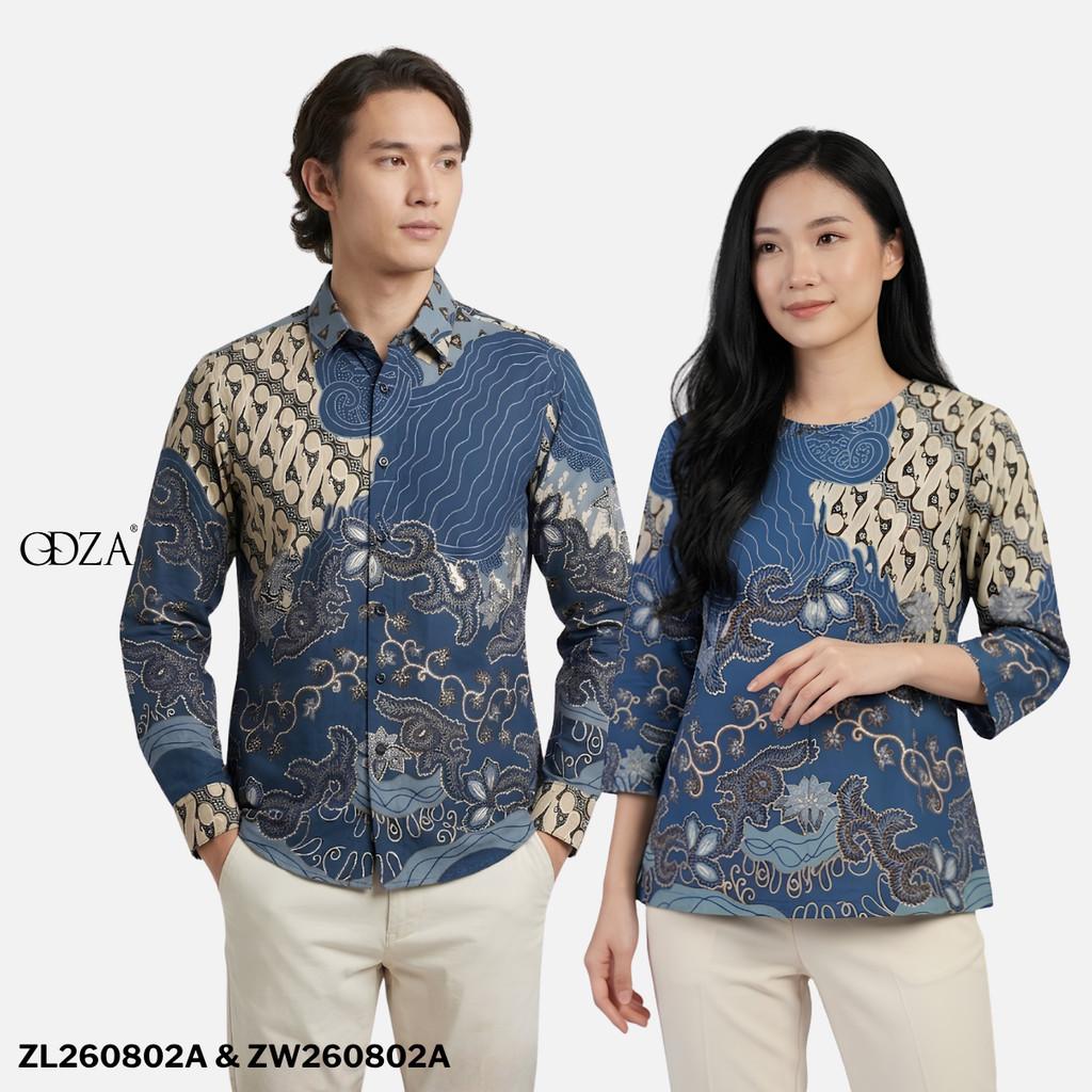Odza Batik Couple Set Kemeja Pria Blouse Wanita Lengan Panjang 7/8 Cotton Printing Slim Fit Jumbo Javastera Biru