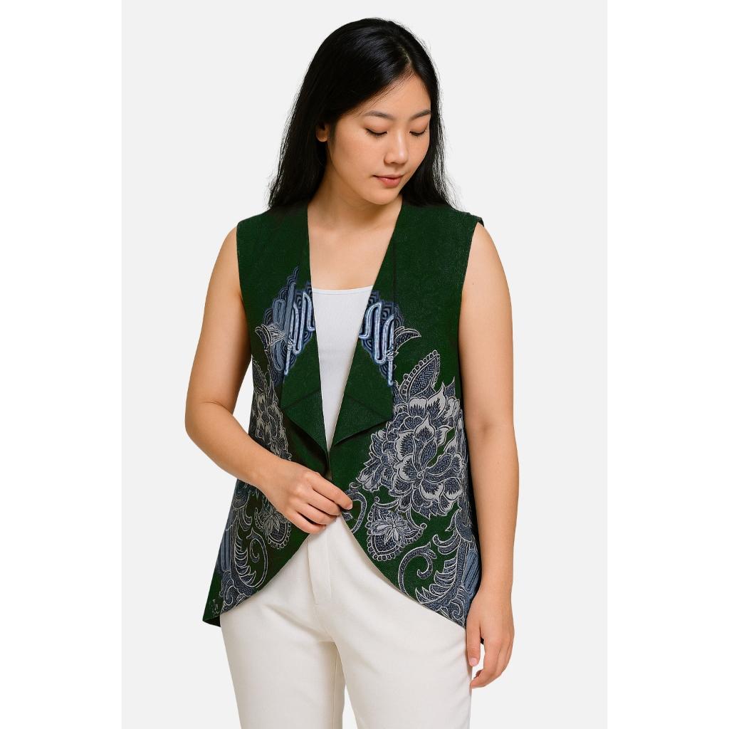 Odza Batik Couple Keluarga Kemeja Hem Pria Baju Lengan Pendek Outer Rompi Vest Pasangan Motif Hijau Jumbo Widyanata