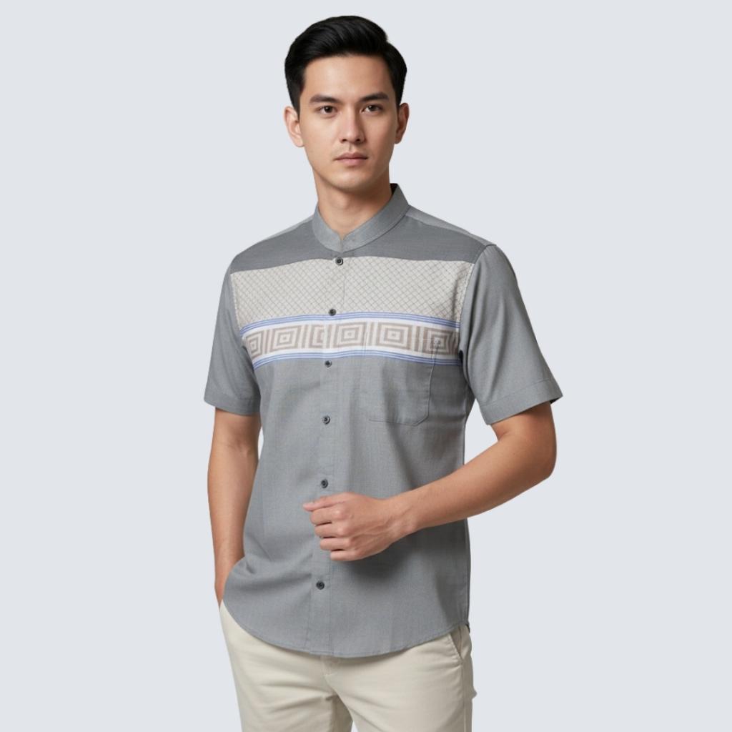 Odza Classic Baju Koko Modern Lengan Pendek Pria Atasan Muslim Regular Fit Dewasa Estisha Abu-abu