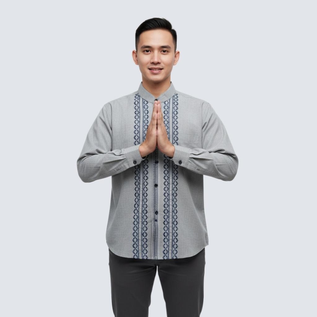 Odza Signature Baju Koko Regular Fit Lengan Panjang Bordir Timbul Kemeja Kerah Shanghai Pria Muslim Abizer Abu-abu