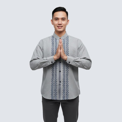 Odza Signature Baju Koko Regular Fit Lengan Panjang Bordir Timbul Kemeja Kerah Shanghai Pria Muslim Abizer Abu-abu
