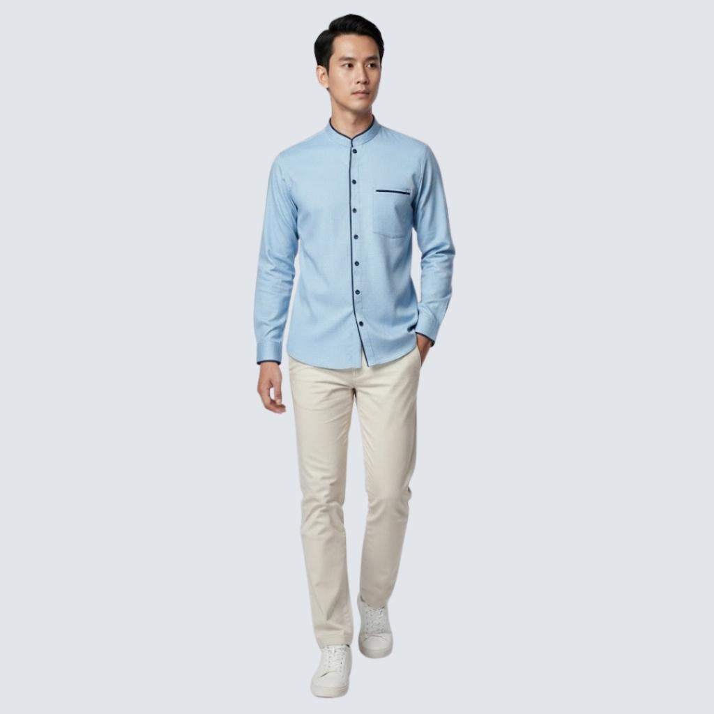 Odza Baju Koko Pria Lengan Panjang Polos Slim Fit Baju Kemeja Kerah Mandarin Kermana Biru Muda