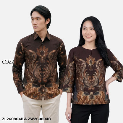 Odza Batik Couple Set Kemeja Pria Blouse Wanita Lengan Panjang 7/8 Katun Premium Kondangan Dakupa Coklat Tua