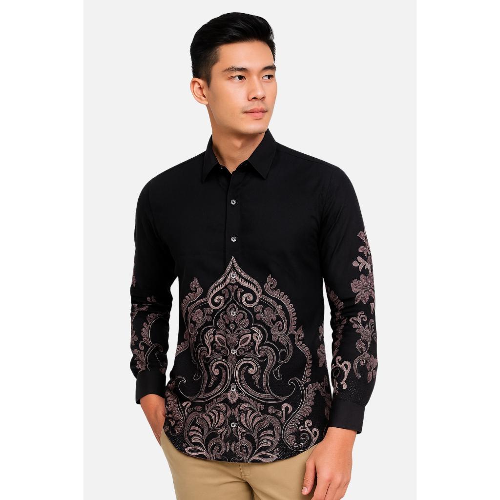 Odza Set Kemeja Rok Lilit Batik Couple Pria Wanita Lengan Panjang Kebaya Motif Jumputan Hitam Naradipta