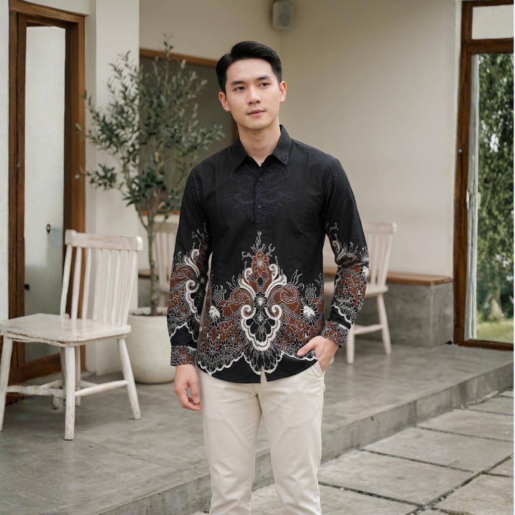 Odza Kemeja Batik Pria Slim Fit Lengan Panjang Katun Premium Baju Kerja Kondangan Bimantara Hitam Maroon