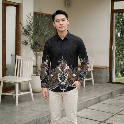 Odza Kemeja Batik Pria Slim Fit Lengan Panjang Katun Premium Baju Kerja Kondangan Bimantara Hitam Maroon