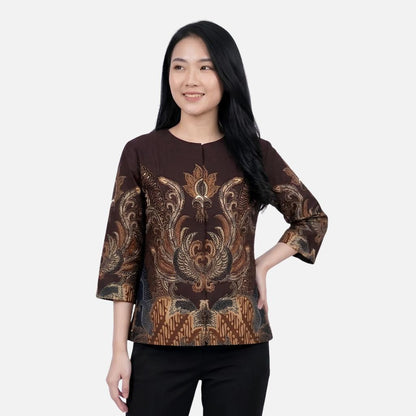 Odza Batik Couple Set Kemeja Pria Blouse Wanita Lengan Panjang 7/8 Katun Premium Kondangan Dakupa Coklat Tua