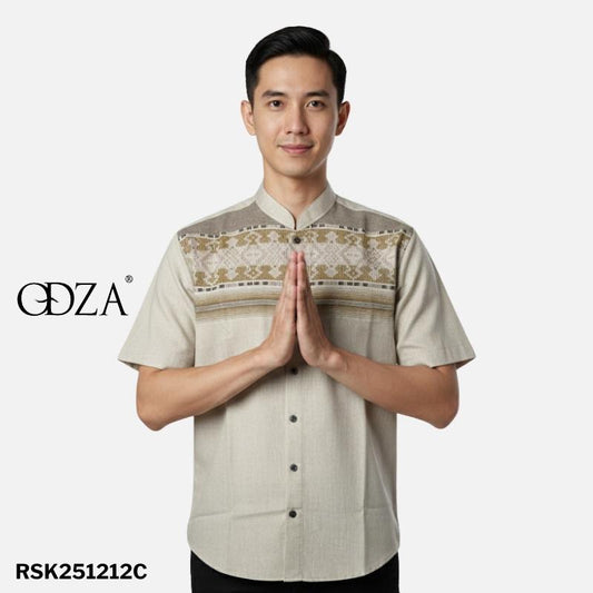 Odza Baju Koko Lengan Pendek Pria Dewasa Kemeja Kerah Mandarin Katun Import Model Terbaru Fahimka Cream