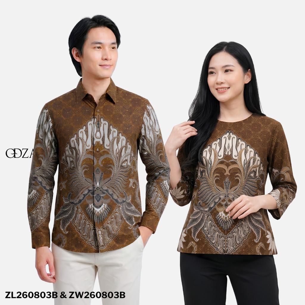 Odza Batik Couple Set Kemeja Pria Blouse Wanita Lengan Panjang 7/8 Katun Premium Kondangan Jauwe Coklat
