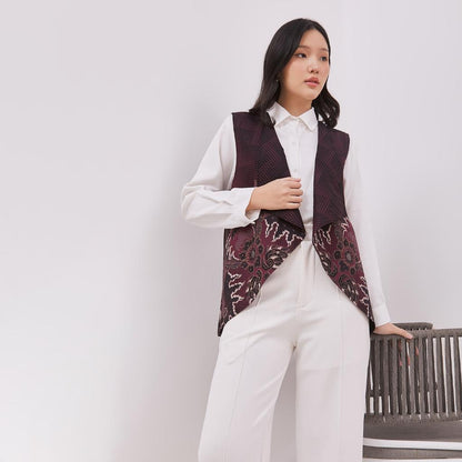 Odza Couple Set Kemeja Batik Lengan Pendek Pria Rompi Wanita Outer Vest Luaran Allsize Merah Maroon