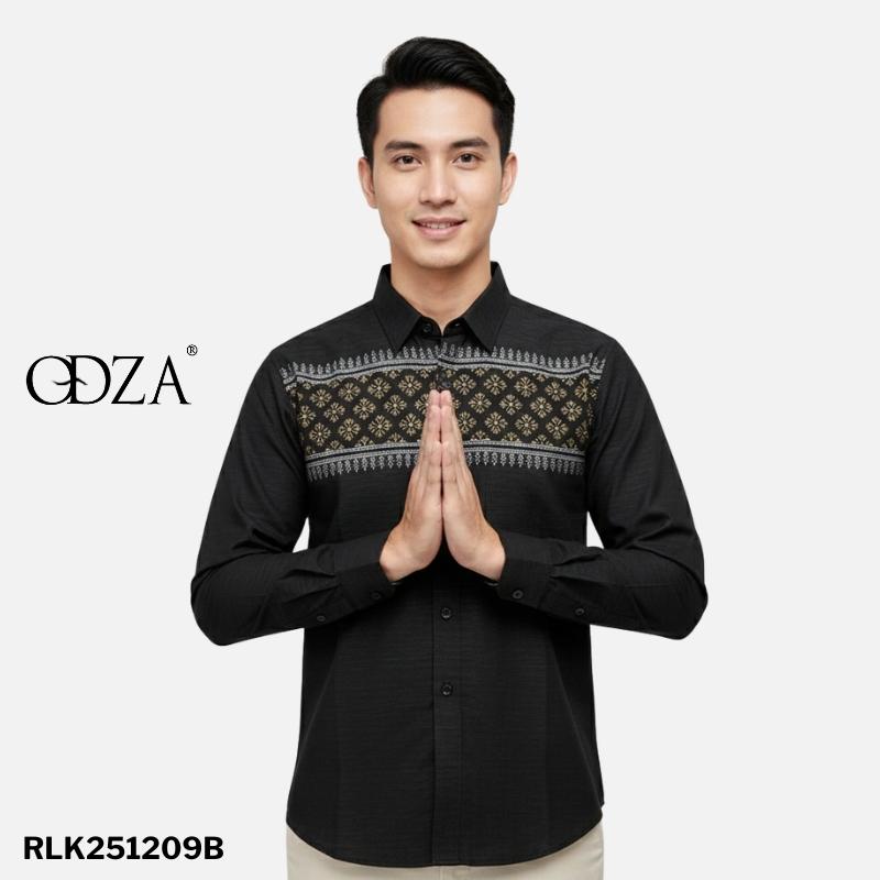 Odza Classic Baju Koko Lengan Panjang Regular Fit Kemeja Muslim Motif Pria Aalif Hitam Abu-abu
