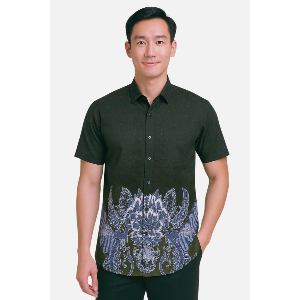 Odza Batik Couple Keluarga Kemeja Hem Pria Baju Lengan Pendek Outer Rompi Vest Pasangan Motif Hijau Jumbo Widyanata