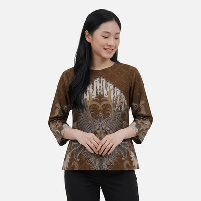 Odza Blouse Batik Wanita Lengan 7/8 Atasan Kemeja Kerja Kondangan Modern Katun Premium Arunawa Hitam Coklat