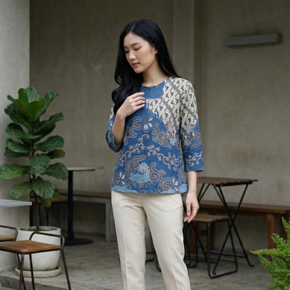 Odza Blouse Batik Wanita Lengan 7/8 Atasan Kemeja Kerja Kondangan Modern Katun Premium Dakota Hijau Biru