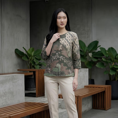 Odza Blouse Batik Wanita Lengan 7/8 Atasan Kemeja Kerja Kondangan Modern Katun Premium Dakota Hijau Biru