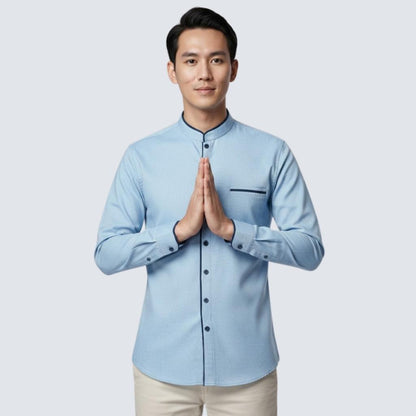 Odza Baju Koko Pria Lengan Panjang Polos Slim Fit Baju Kemeja Kerah Mandarin Kermana Biru Muda