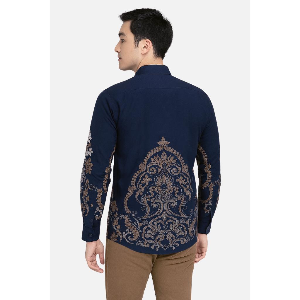 Set Kemeja Batik Couple Pria Wanita Rok Lilit Slim Lengan Panjang Kebaya Jumputan Biru Navy Maheswara