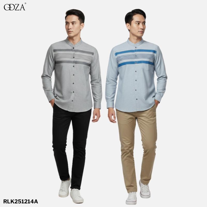 Odza Baju Koko Lengan Panjang Kombinasi Pria Regular fit Modern Kemeja Muslim Modern Batris Biru