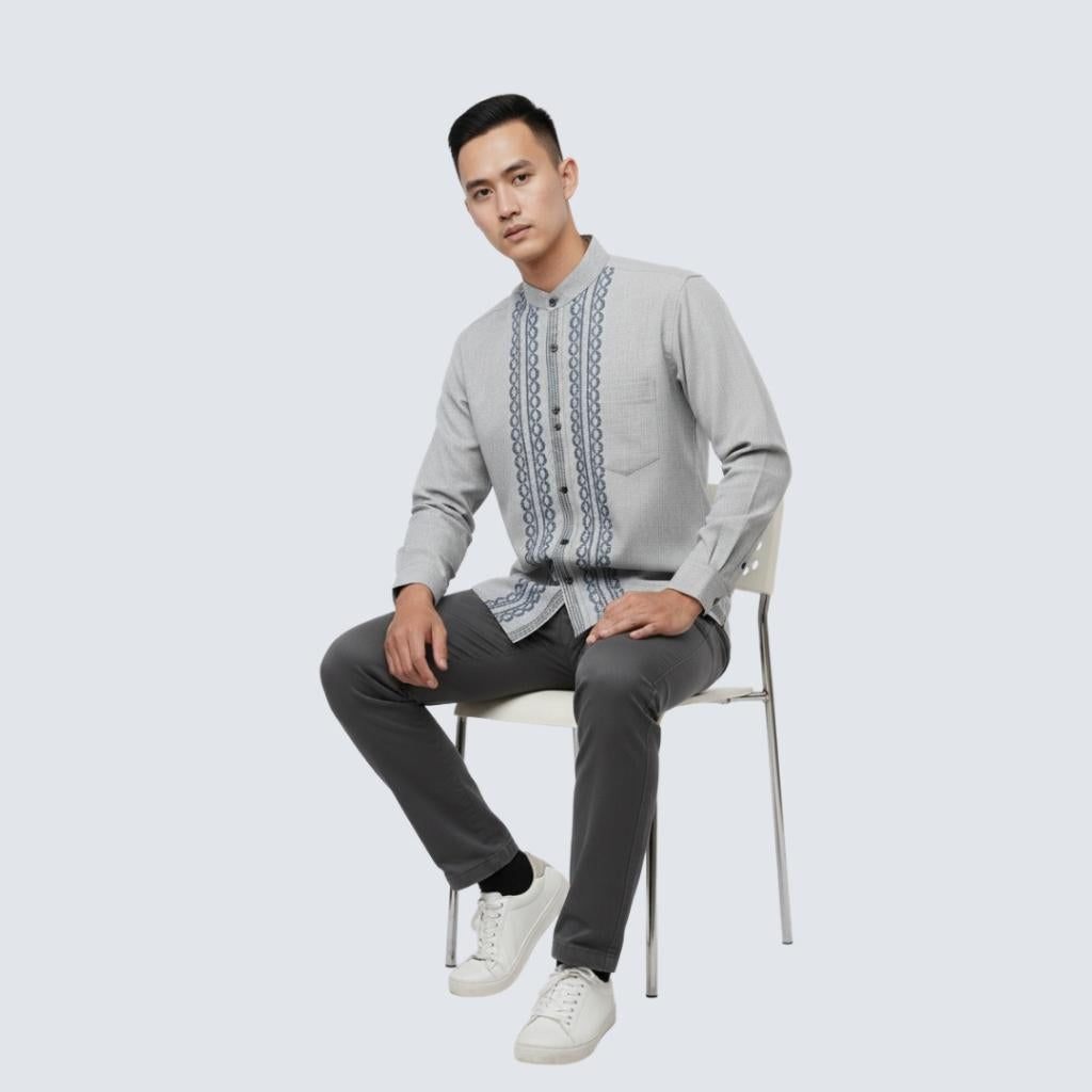Odza Signature Baju Koko Regular Fit Lengan Panjang Bordir Timbul Kemeja Kerah Shanghai Pria Muslim Abizer Abu-abu